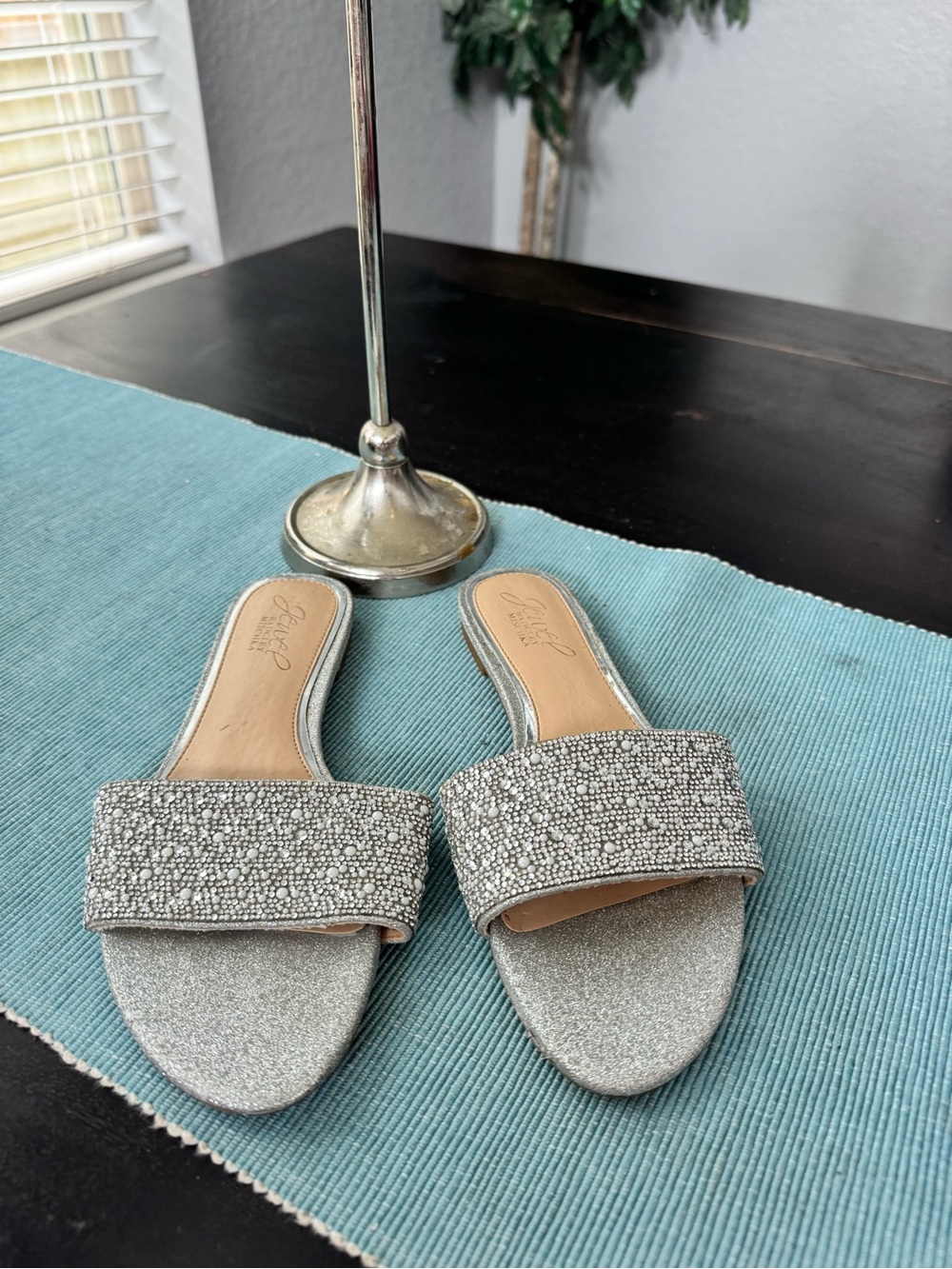 Jewel by Badgley Mishka Embellished Silver Slide Sandals size 5.5